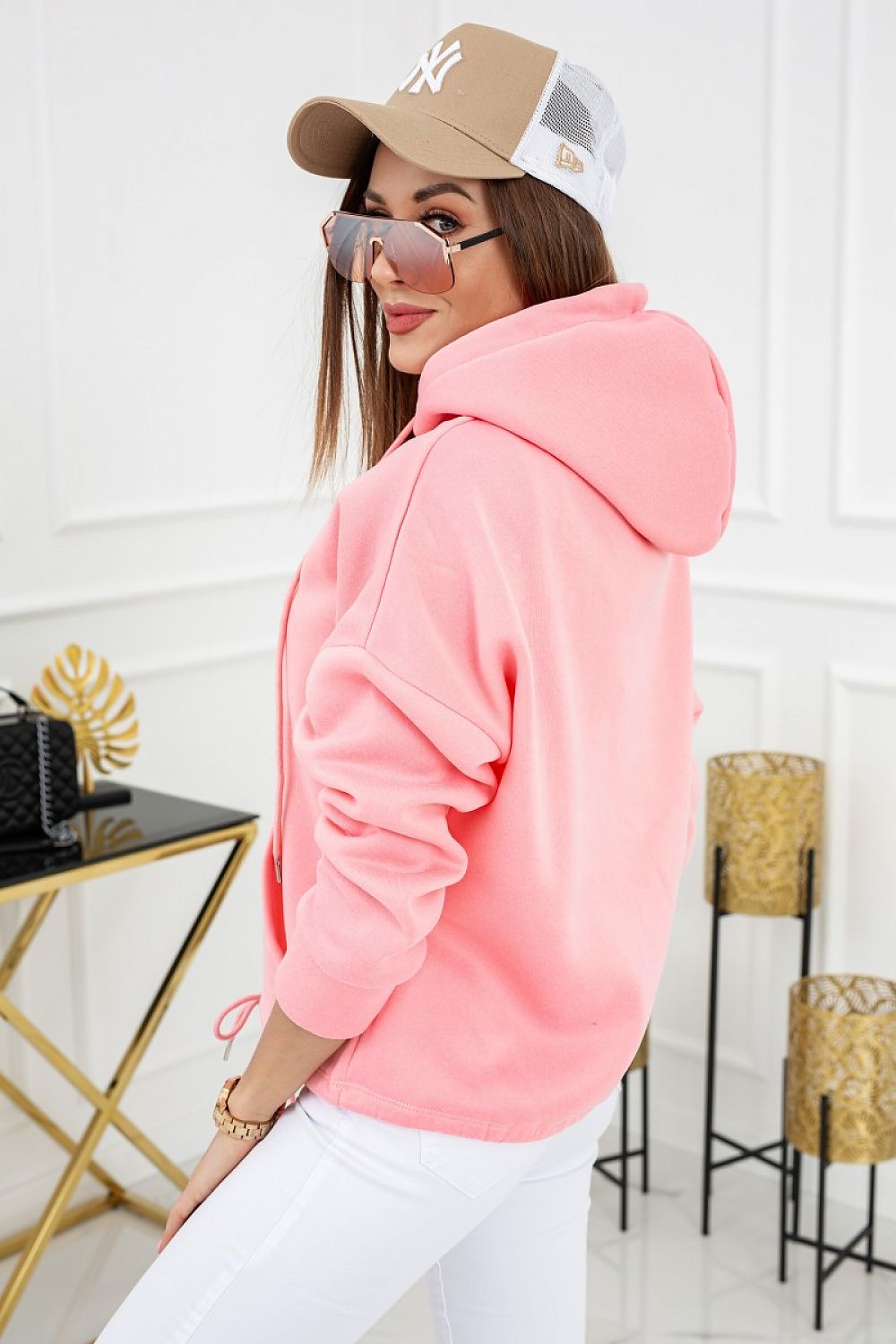 Vittoria Ventini Pastel Hooded Sweatshirt with Double Pockets, showcasing a model in a pink hoodie from the back, perfect for a luxury spring outfit.