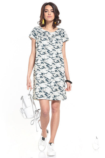 Luxury mini dress by Tessita featuring a dark moro pattern, elegant boat neckline, and chic short sleeves.