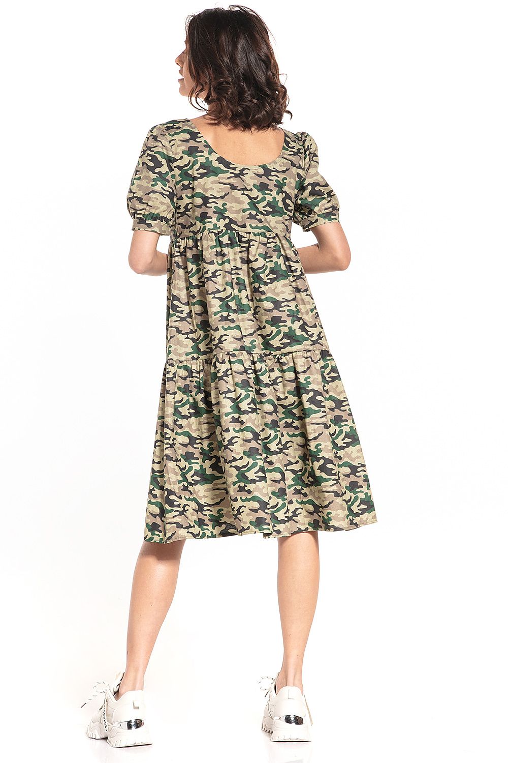 Elegant Midi Dress in Dark Moro Pattern with Boat Neckline, designed by Tessita, showcasing luxurious cotton fabric.