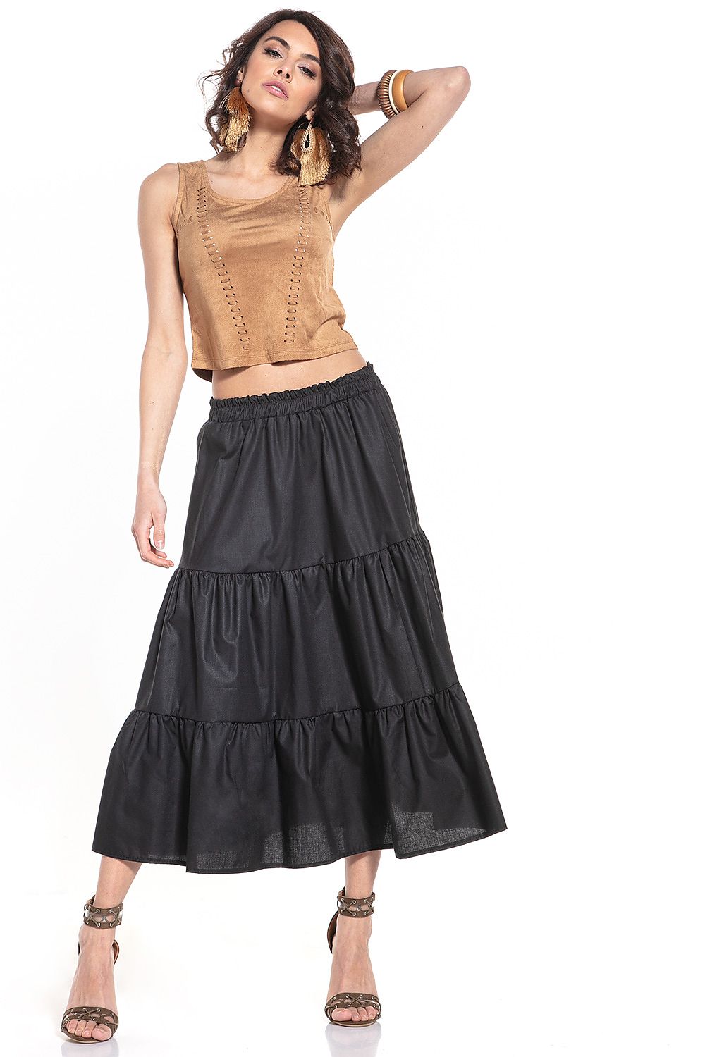 Elegantly designed Tessita long cotton skirt featuring a comfortable elastic waistband, ideal for sophisticated occasions.