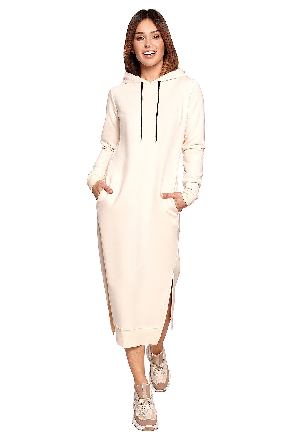 Elegant BeWear Cotton Spandex Daydress with a hood, featuring side slits and ribbed trims, styled for comfort and versatility, perfect for any occasion.