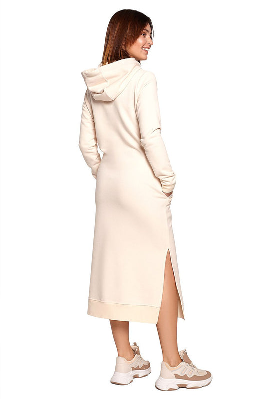 Sophisticated back view of the BeWear Cotton Spandex Daydress with hood, highlighting its exquisite design with side slits and ribbed trims.
