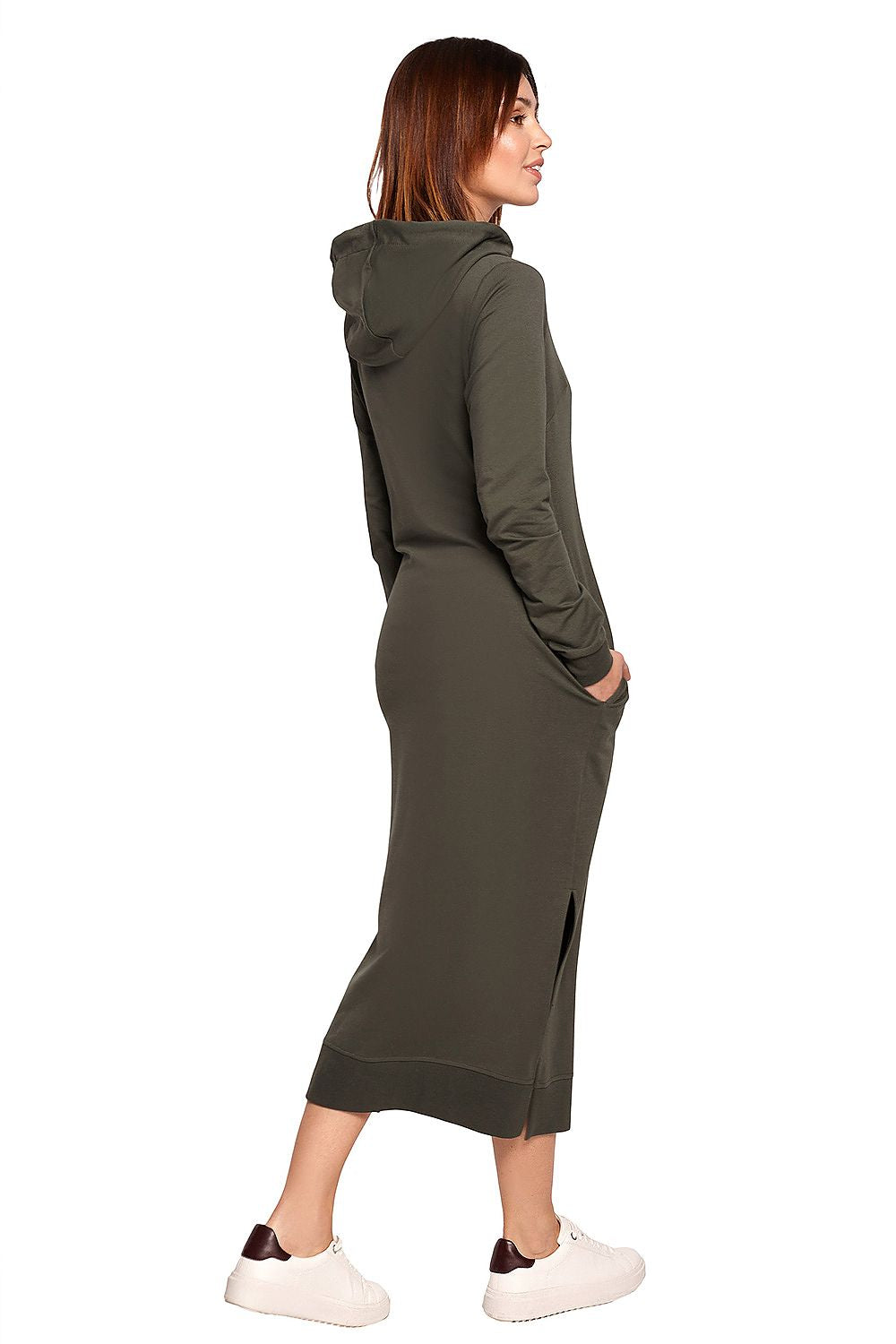 Refined back view of the BeWear Cotton Spandex Daydress in olive green, featuring a hood, side slits, and exceptional ribbed trims, perfect for stylish comfort.