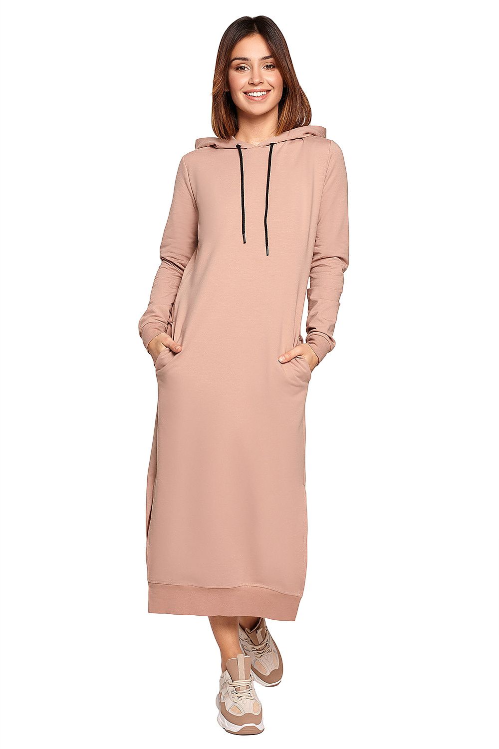 Luxurious BeWear Cotton Spandex Daydress in soft pink, designed with a hood and side slits, offering a trendy and versatile garment for any modern wardrobe.