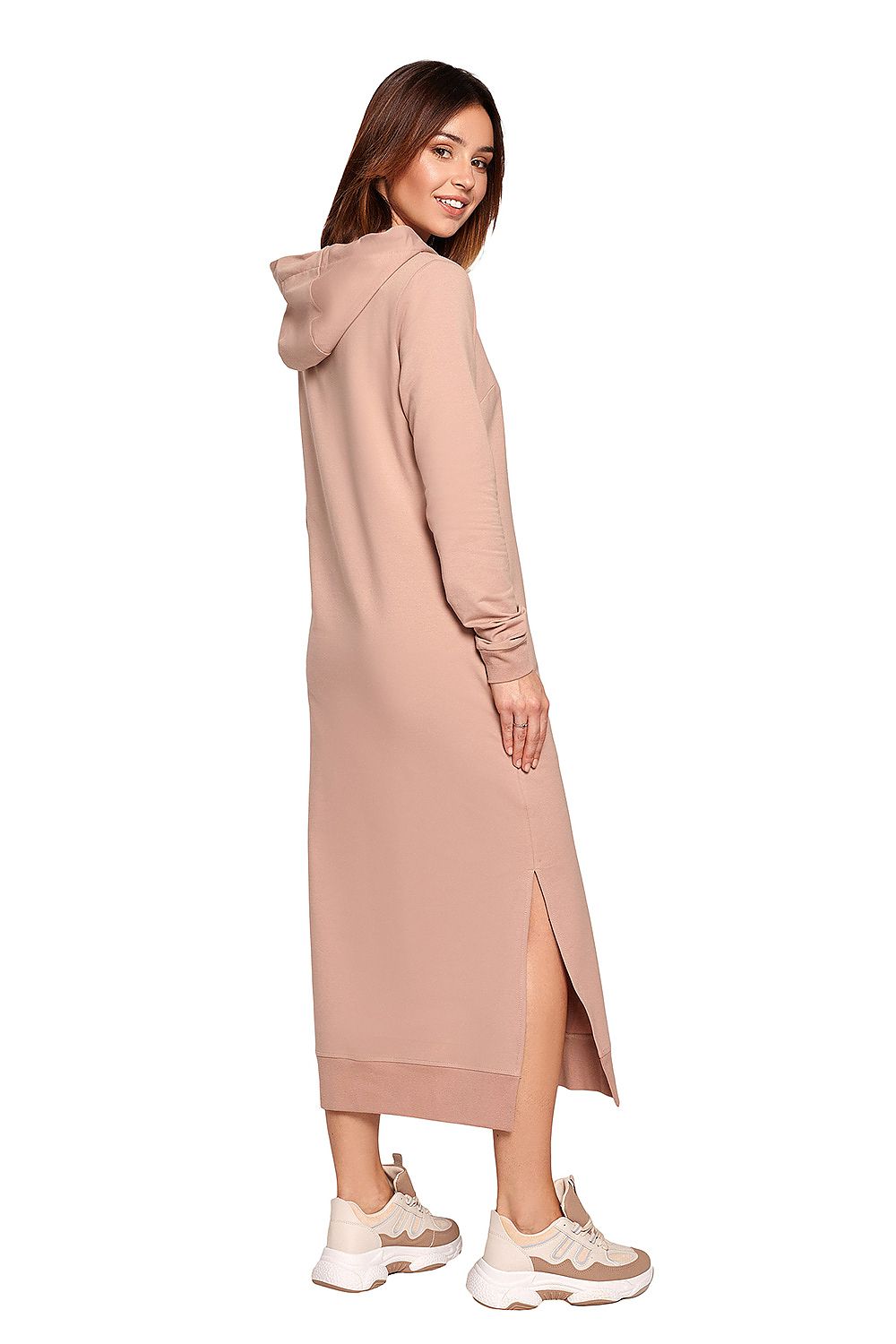 Elegant BeWear Cotton Spandex Daydress in soft pink with a drawstring hood and side slits, ideal for a versatile and luxurious look.