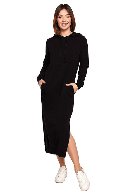 Sophisticated BeWear Cotton Spandex Daydress in classic black with a functional hood and stylish side slits, perfect for any occasion.