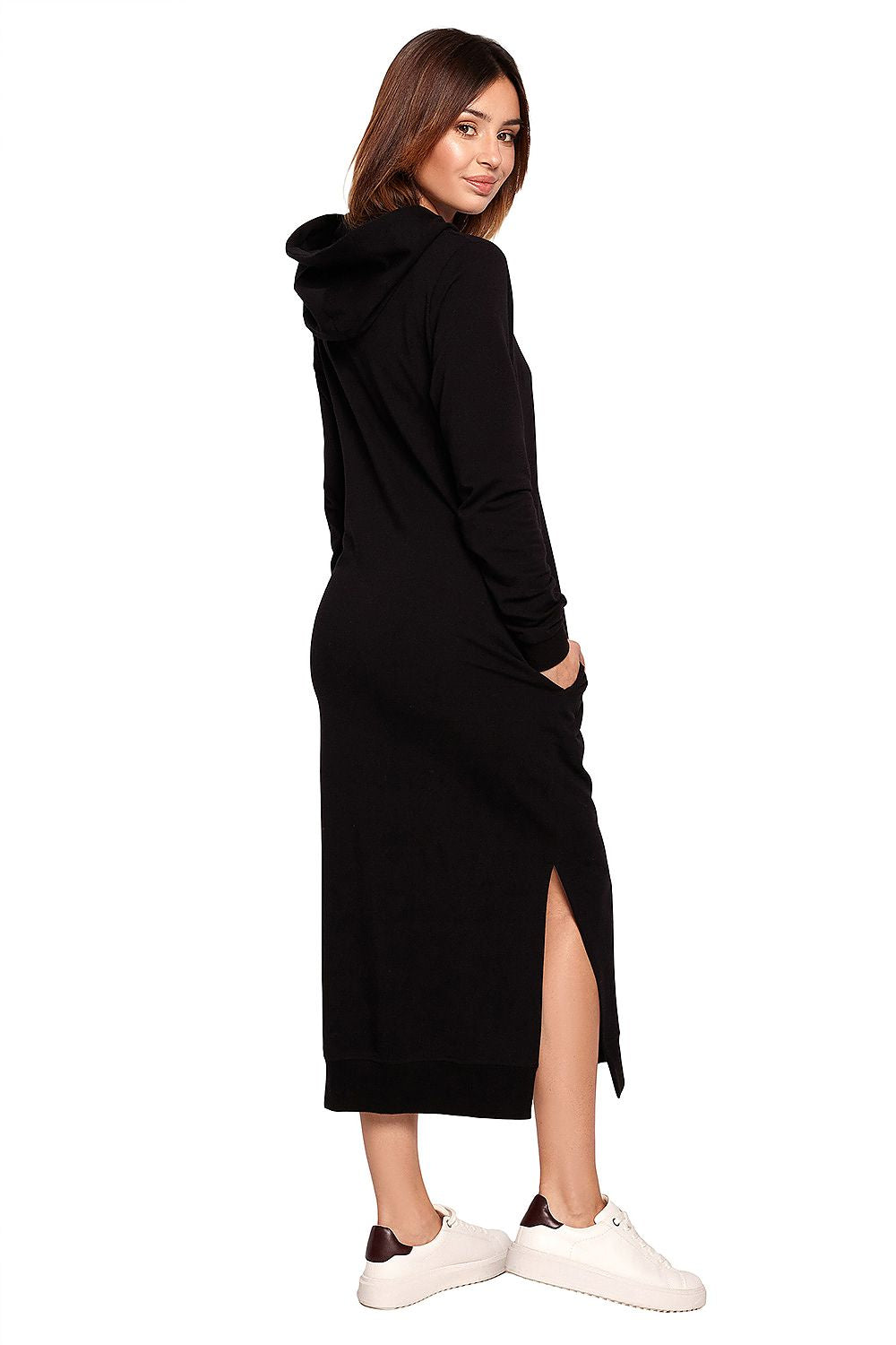 Stylish BeWear Cotton Spandex Daydress in black, showcasing a chic hood and side slits, embodying comfort and elegance.