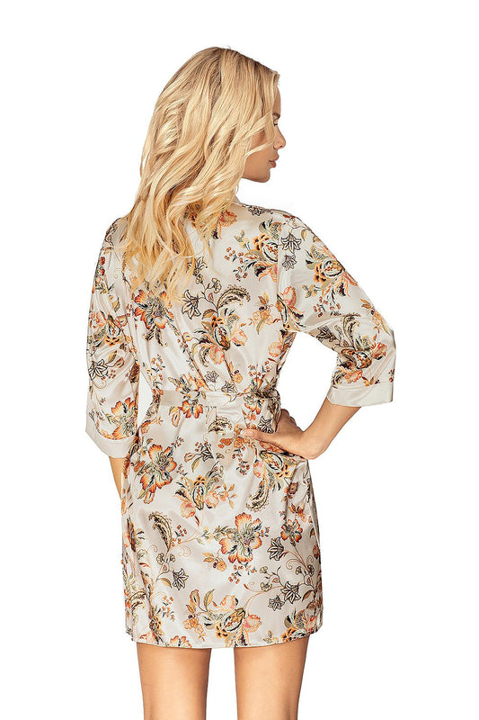 Elegant beige satin bathrobe by Donna featuring a floral print, showcasing 3/4 sleeves and a stylish design, perfect for luxury lounging.