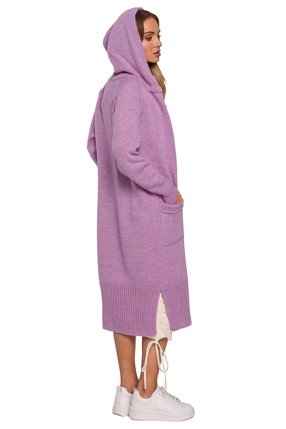 Side view of the luxurious long cardigan by Moe in lavender, highlighting its fitted hood and exquisite knit design with side slits for added elegance.