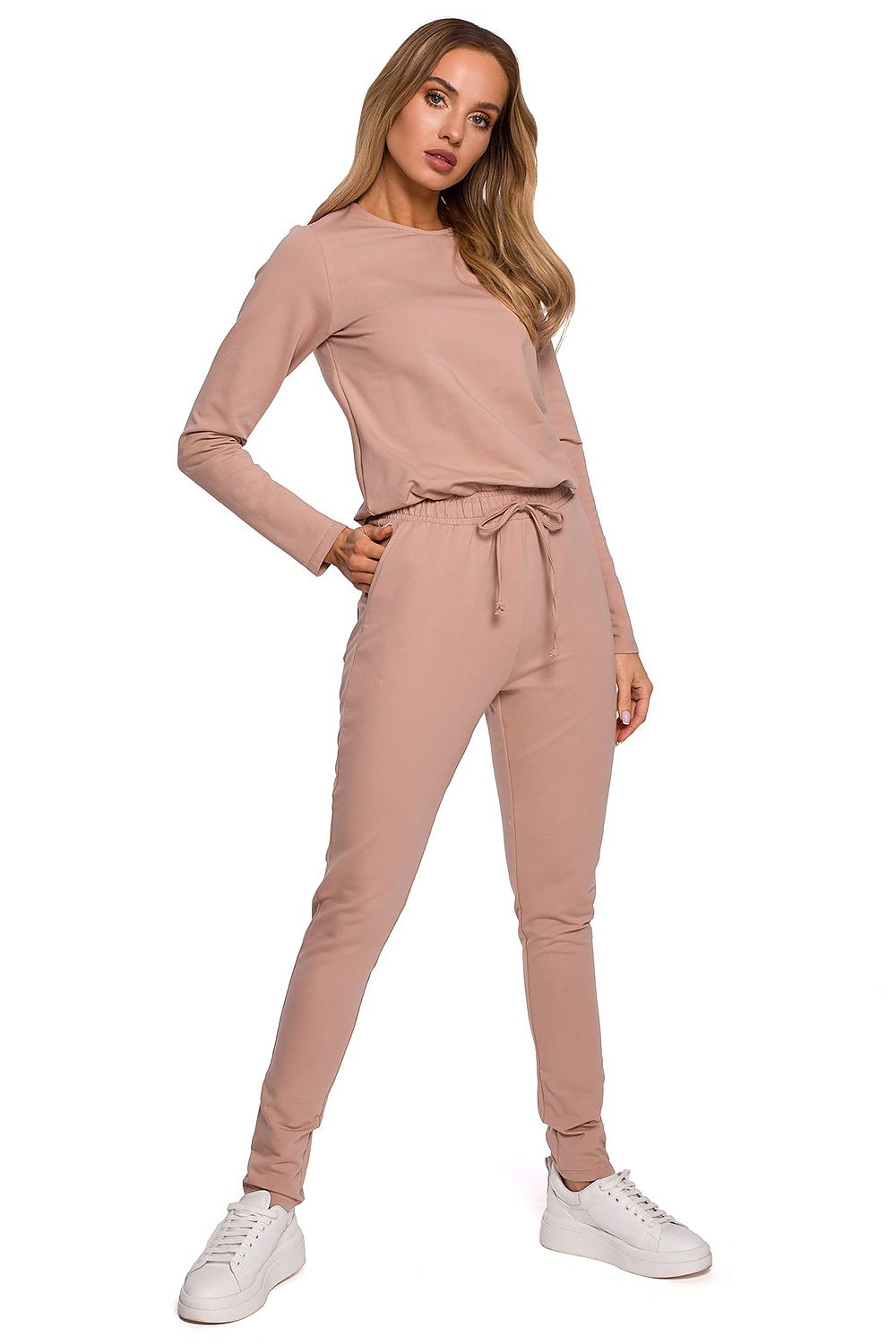 Elegant Women's Fitted One-Piece Jumpsuit By Moe, showcasing a stylish pink design with an adjustable waistband and multiple pockets, perfect for a chic look.