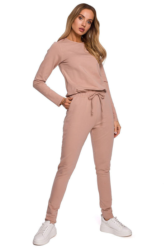 Elegant Women's Fitted One-Piece Jumpsuit By Moe, showcasing a stylish pink design with an adjustable waistband and multiple pockets, perfect for a chic look.