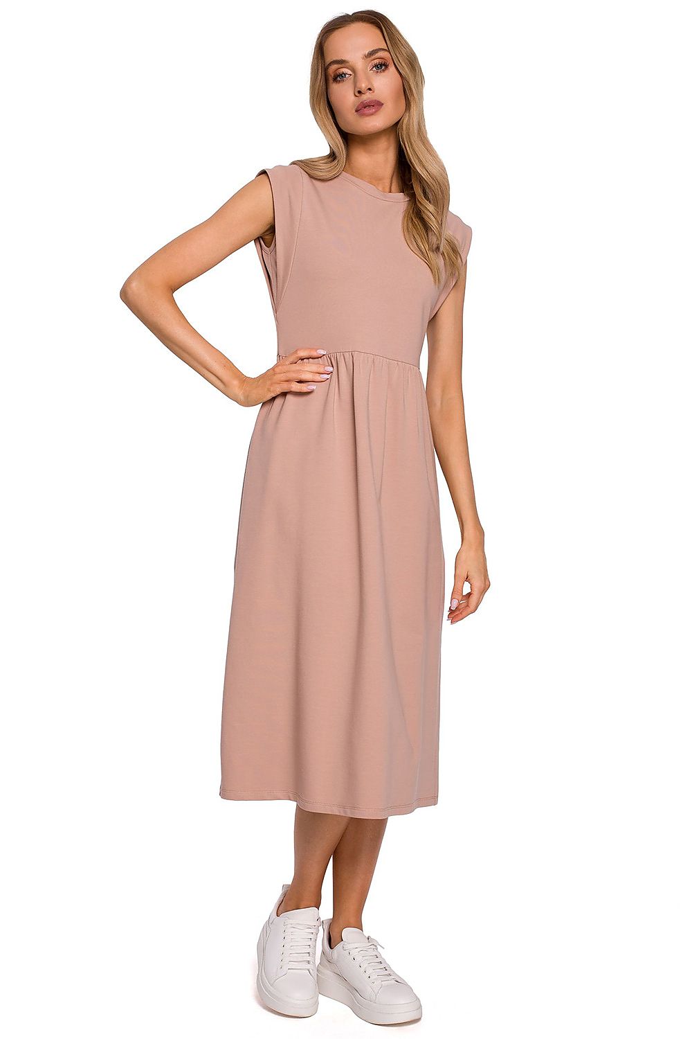 Moe Midi Length Knitted Dress With High Waist Cut And Loose Skirt, featuring a delicate blush shade and elegant short sleeves, perfect for any occasion.