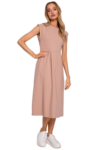 Moe Midi Length Knitted Dress With High Waist Cut And Loose Skirt, featuring a delicate blush shade and elegant short sleeves, perfect for any occasion.