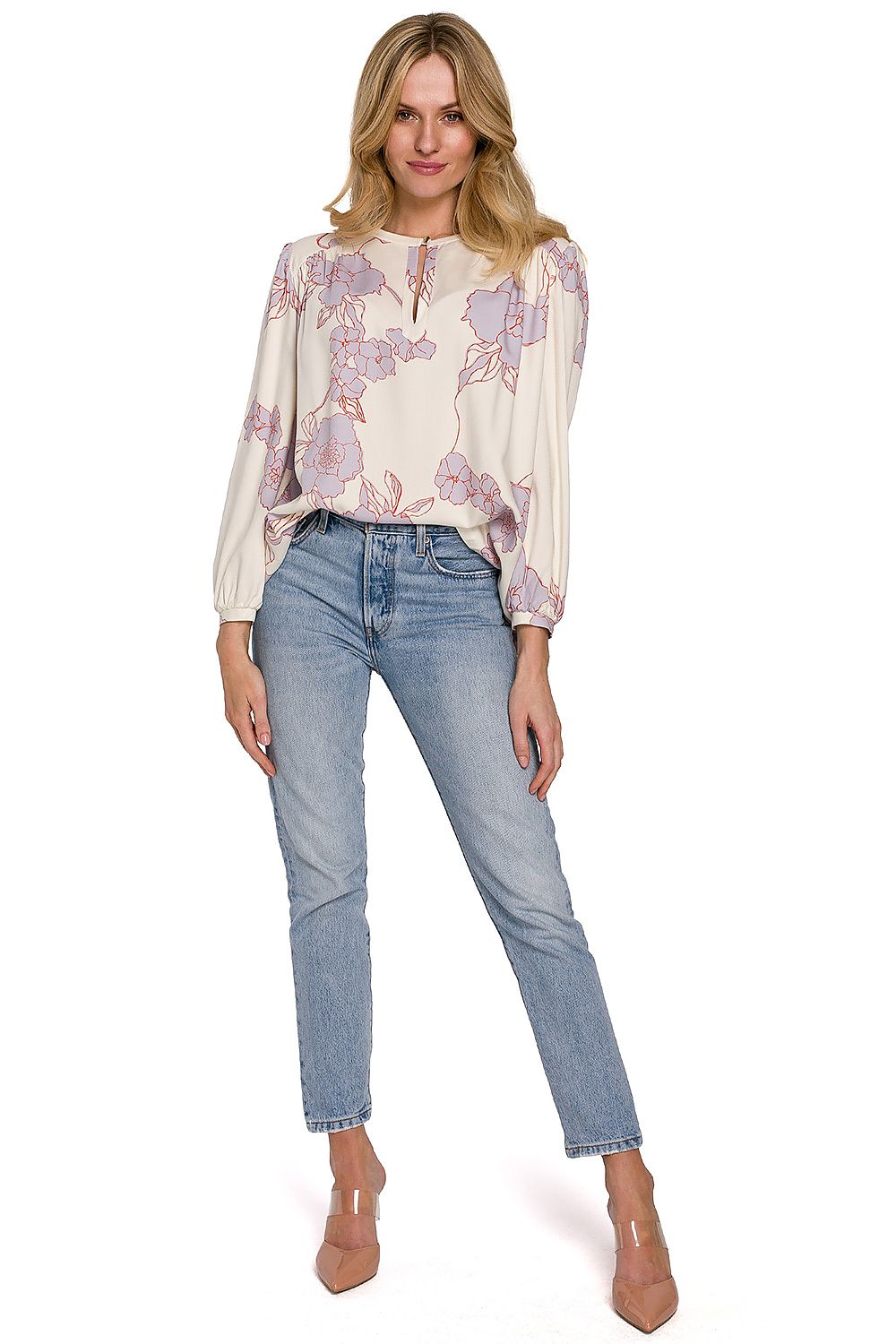Elegant Floral Viscose Blouse by Makover, styled in a modern outfit with high-waisted jeans, perfect for a chic wardrobe upgrade.