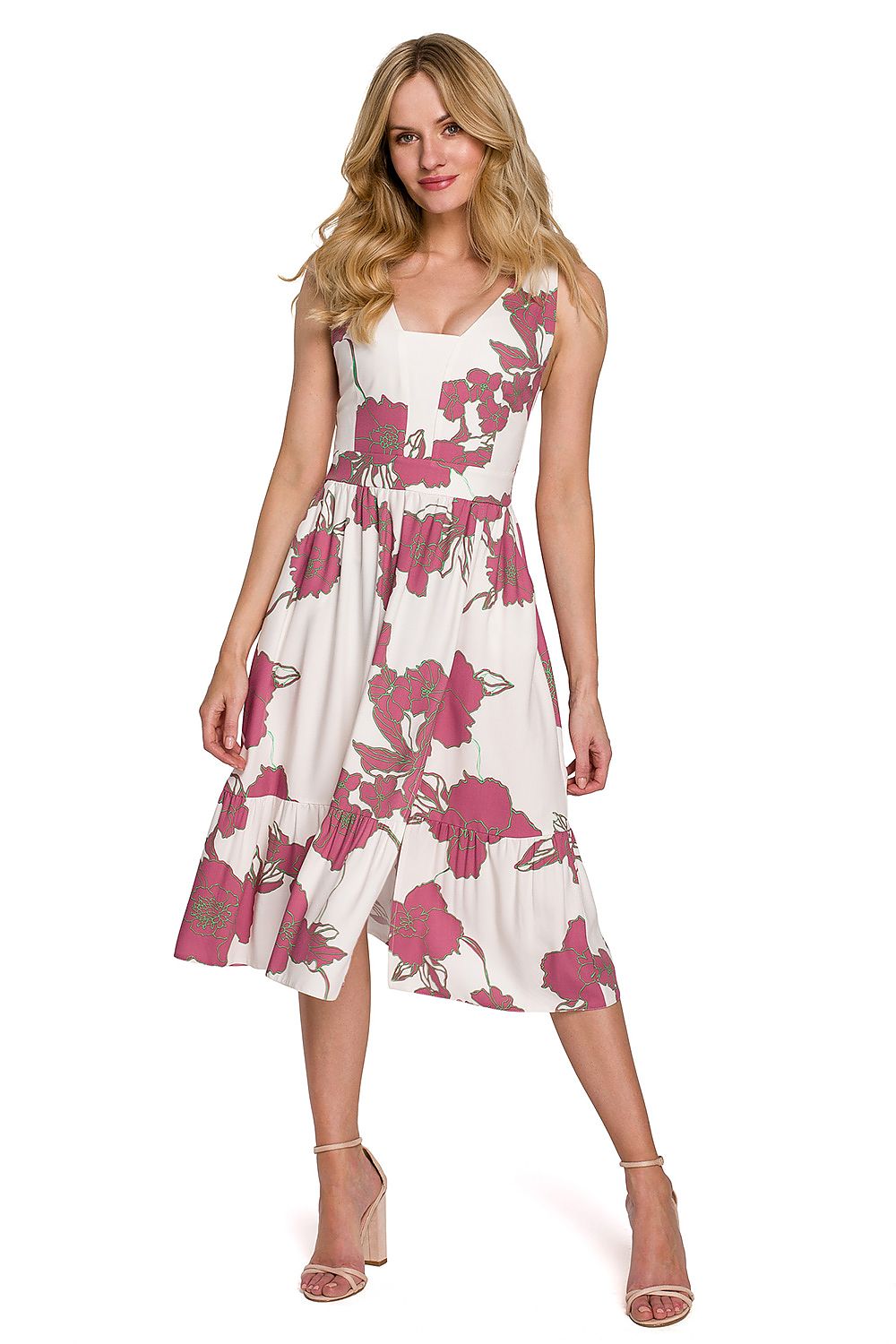 Elegant Midi Length Dress With Shaped Neckline, Elastic Back & Deep Side Slit by Makover, showcasing a model in a stylish floral design, perfect for upscale occasions.