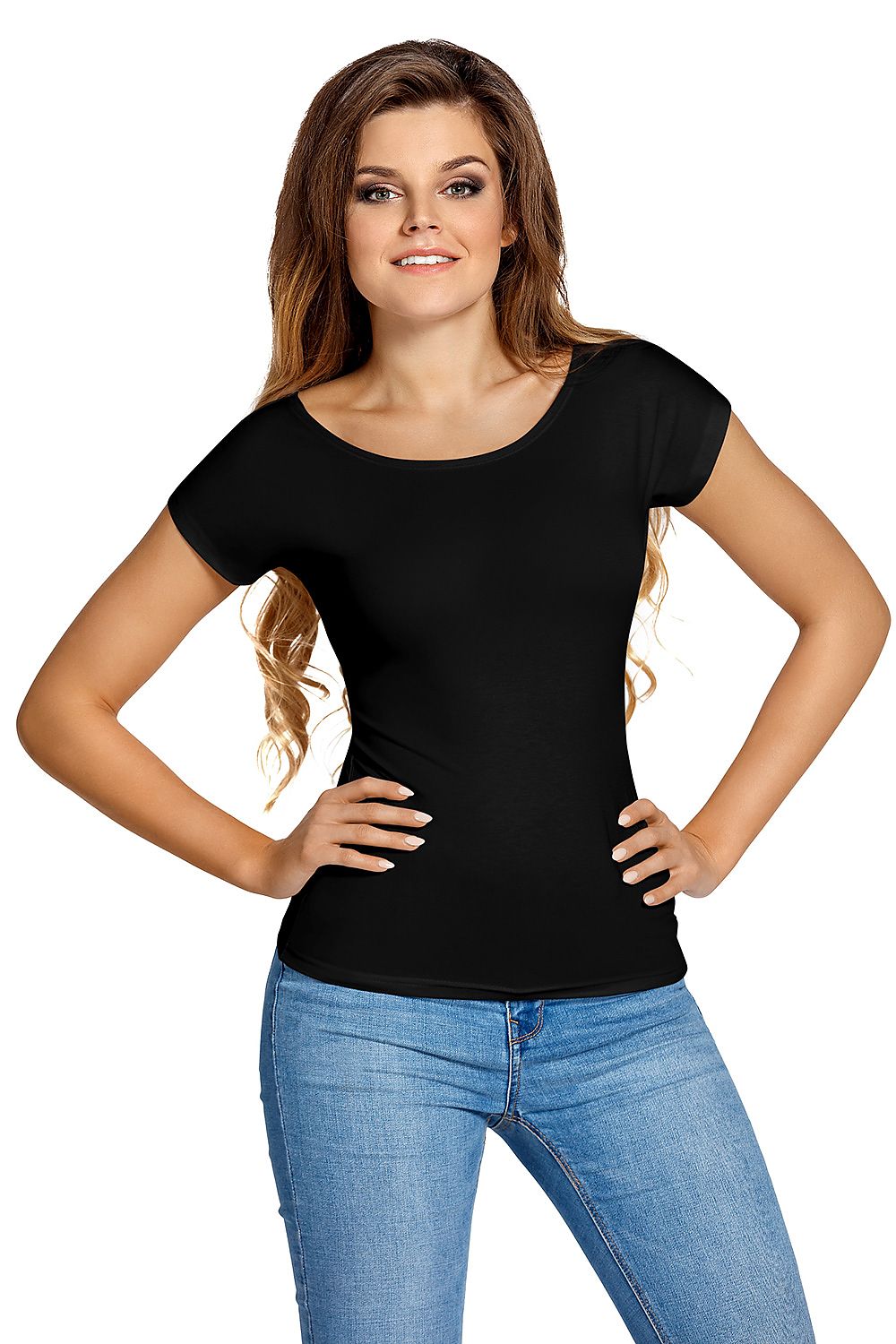 Elegant black blouse by Babell, featuring a smooth design and short sleeves, perfect for versatile fashion layering.
