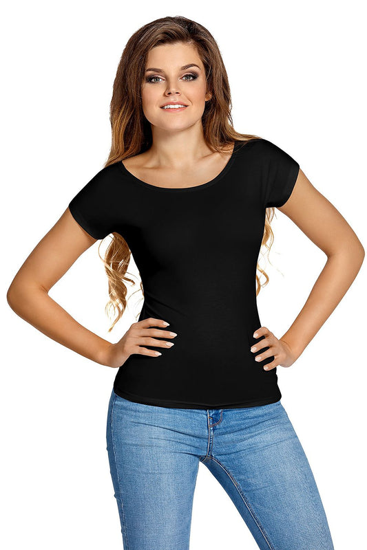 Elegant black blouse by Babell, featuring a smooth design and short sleeves, perfect for versatile fashion layering.