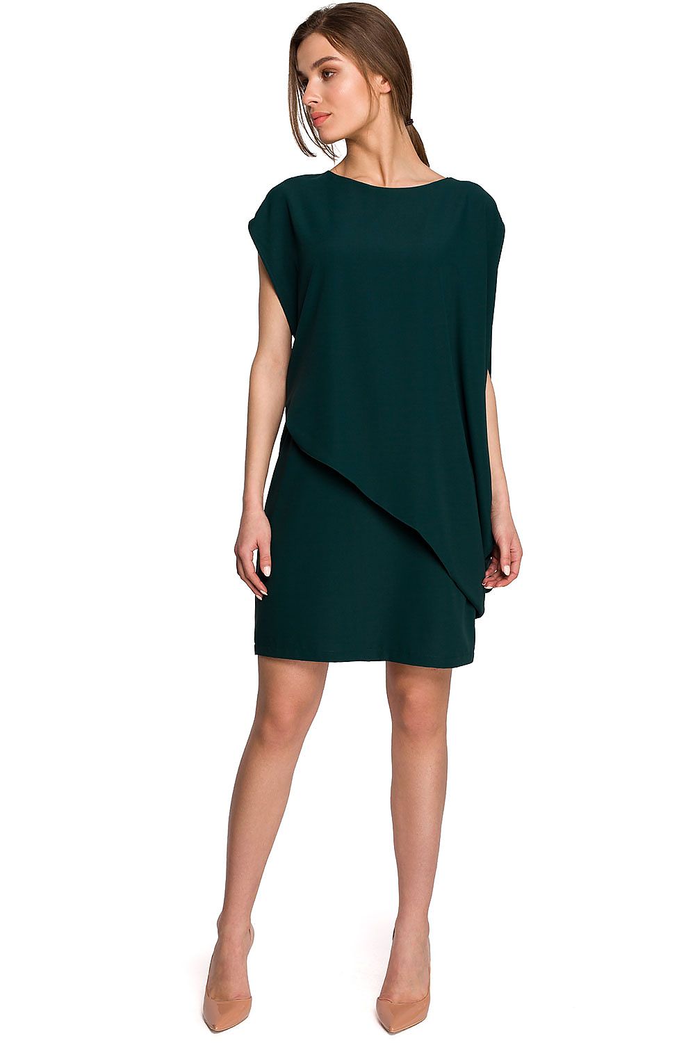 Stylove Daydress features a chic asymmetrical design, perfect for any occasion, showcased elegantly by the model in a rich green hue.