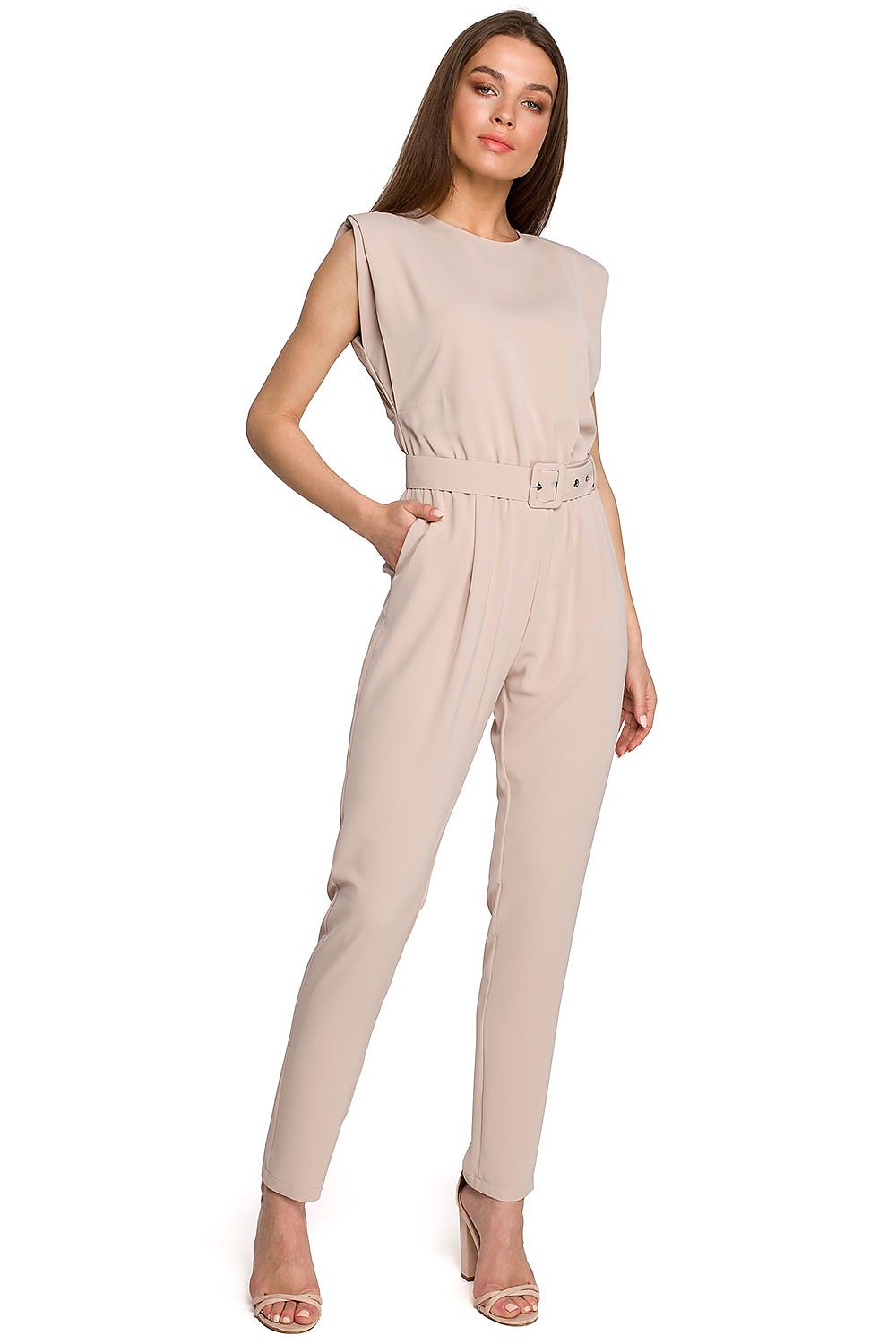 Stylish beige jumpsuit by Stylove, named 'Suit Stylove', showcasing a sophisticated design with a belt at the waist and a relaxed fit.