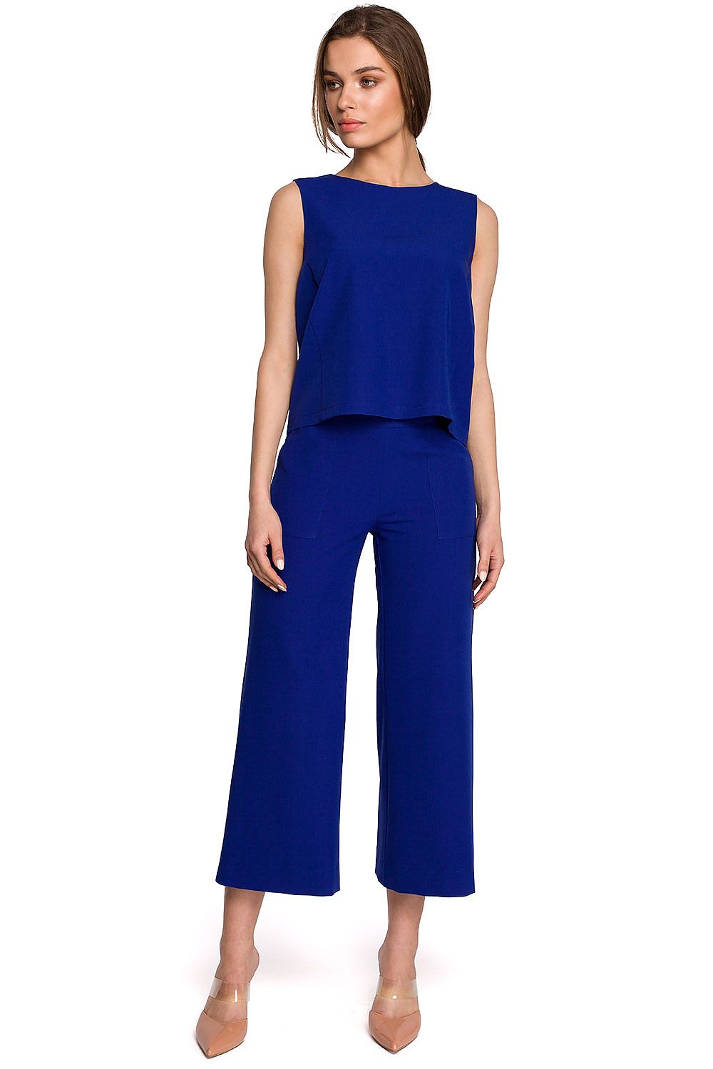 Stylove Blouse Stylove showcased in an elegant outfit, featuring a matching royal blue ensemble with wide-leg pants, epitomizing contemporary elegance and sophistication.
