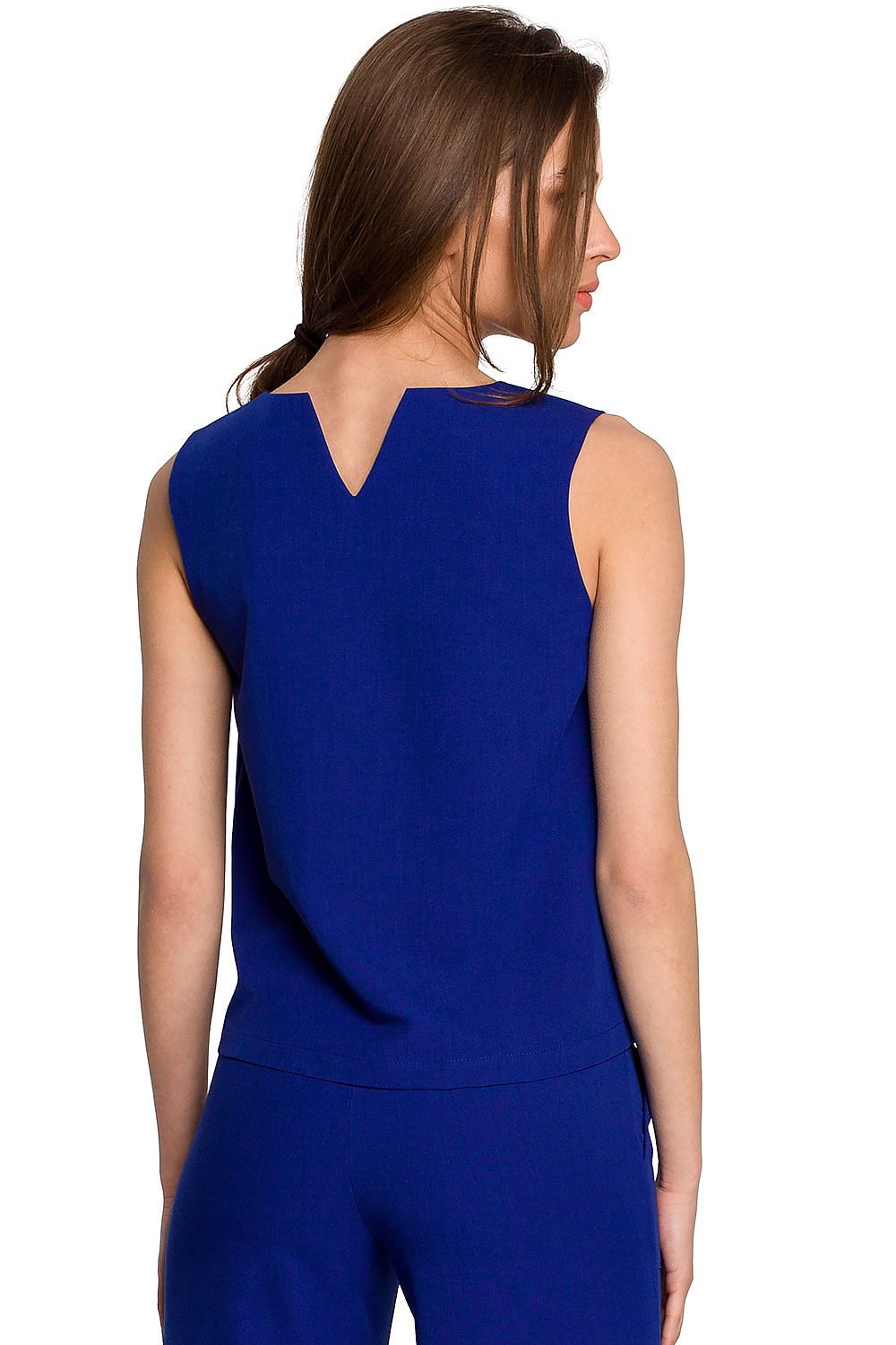 Stylove Blouse Stylove showcasing a short sleeveless trapeze cut design with a delicate back neckline, perfect for elegant occasions.