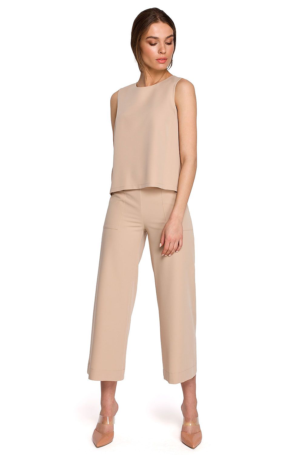 Full view of the elegant beige sleeveless blouse by Stylove, expertly tailored for a fashionable and contemporary appearance.