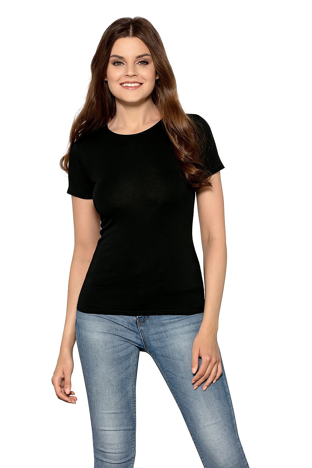 Chic presentation of a Babell women's T-shirt in classic black, a must-have staple for luxurious casual outfits.