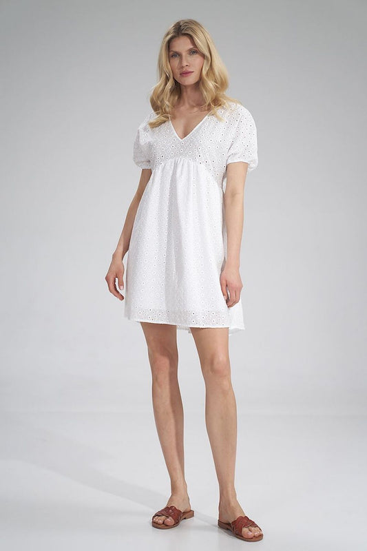 Elegant Daydress Figl featuring an embroidered design with short buffet sleeves and a flattering heart neckline, perfect for summer outings. Crafted from 100% cotton, it boasts a pleated bust and a stylish waist tie, exuding sophistication.