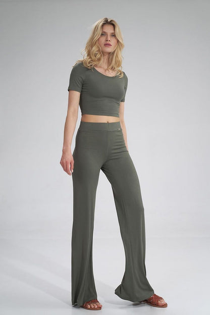 Refined olive cropped blouse by Figl, showcased with coordinated trousers, presenting a sophisticated and modern fashion statement.