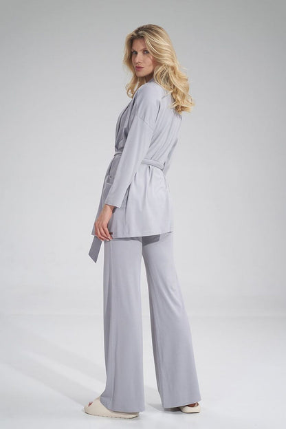 Back view of a premium Figl sweatshirt in grey, showcasing a sophisticated loose design with belted waist and elegant draping.