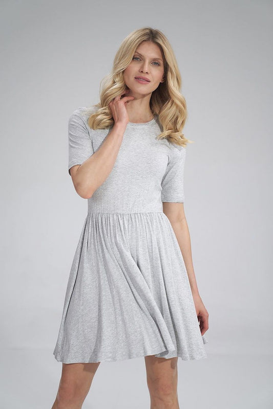 Elegant grey summer sports dress from Figl, featuring short sleeves and a gathered waist, perfect for stylish casual outings.