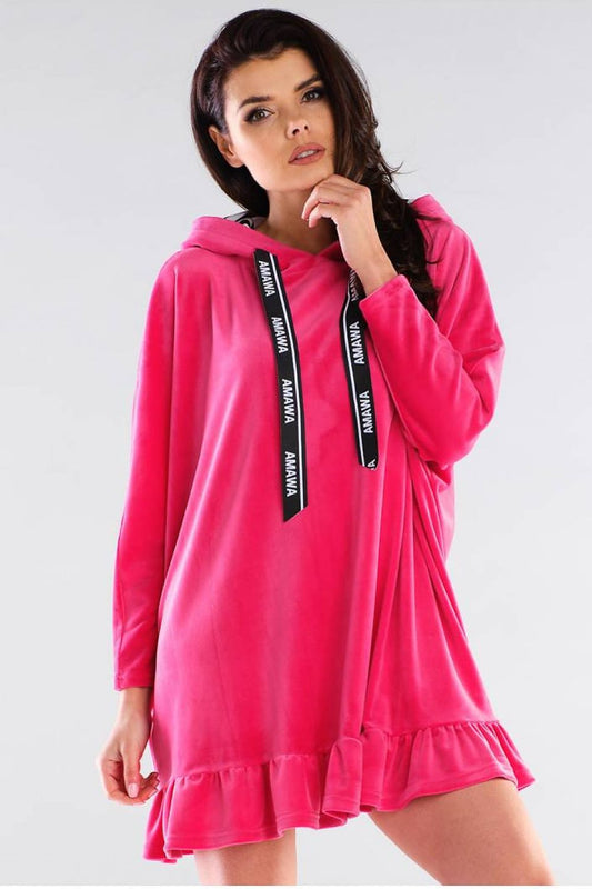 Luxurious oversized Daydress by Awama in vibrant pink with a stylish hood and branded tapes, featuring a charming frill at the bottom, perfect for casual elegance.