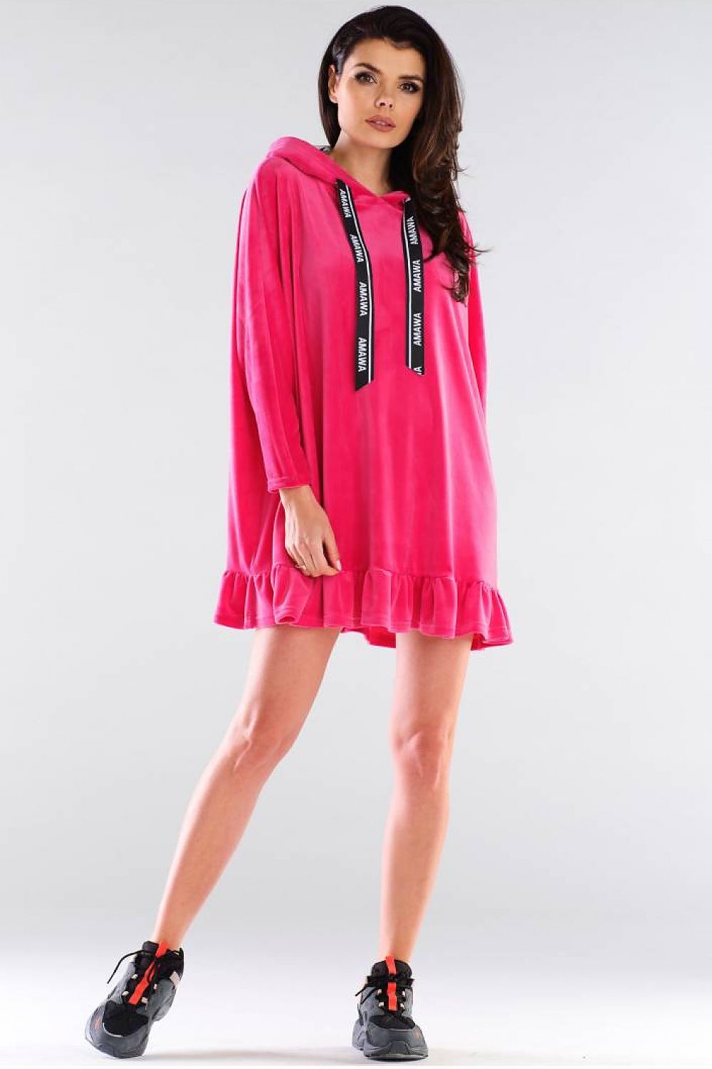 Chic pink Daydress by Awama with a sophisticated hood and logo details, showcasing a trendy frill hem, ideal for a luxurious yet relaxed style.