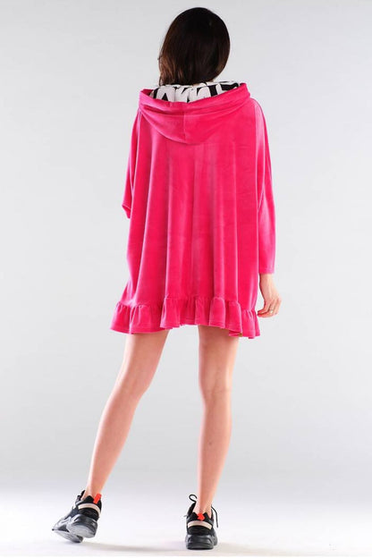 Elegant back view of the pink Daydress by Awama, designed with a comfortable hood and delicate frill, embodying a stylish blend of comfort and sophistication.