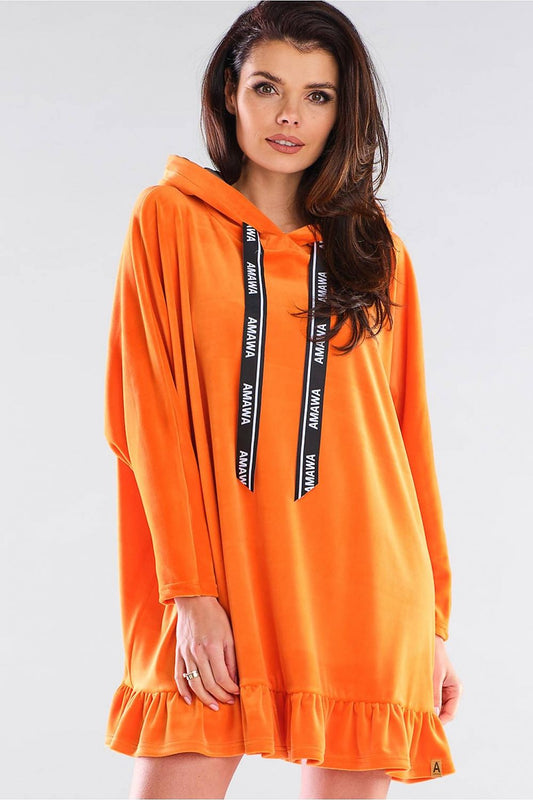 Luxurious oversized Daydress Awama in vibrant orange, featuring a stylish hood and logo tape detailing. Ideal for contemporary fashion lovers, this chic piece exudes comfort and elegance.