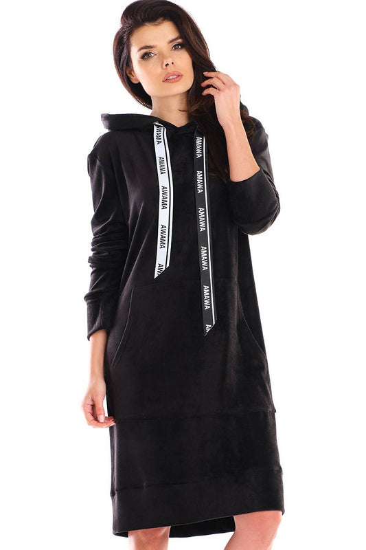 Elegantly styled Daydress by Awama, featuring a luxe velour fabric, hood and practical front pocket, perfect for chic casual wear.