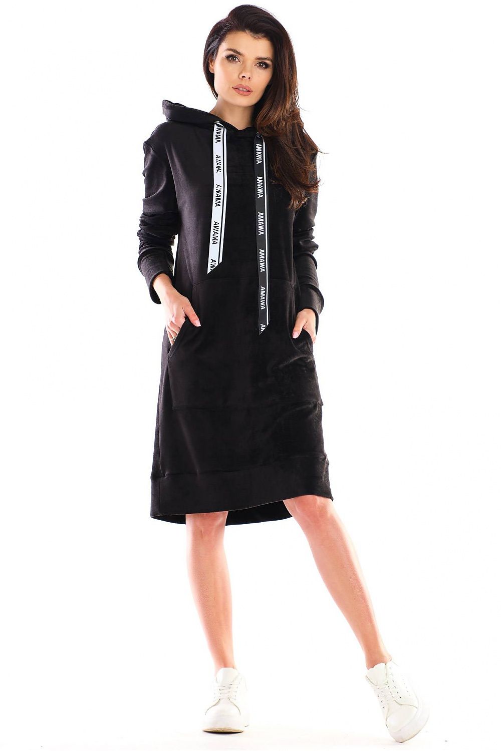 Elegant velour midi length daydress by Awama featuring a stylish hood, large front pocket, and brand logo tapes, perfect for versatile dressing.