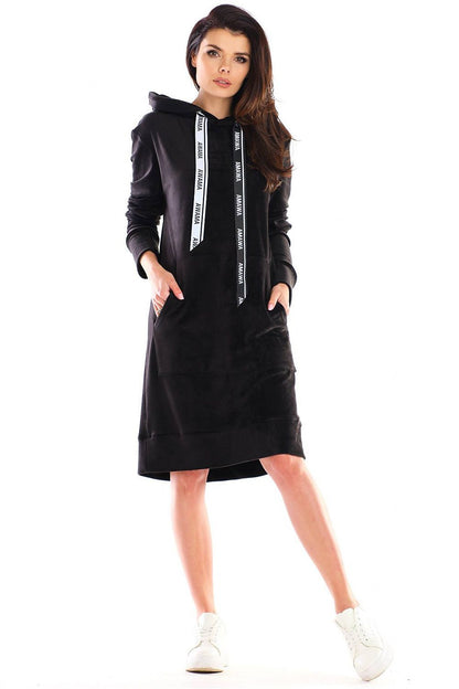 Elegant velour midi length daydress by Awama featuring a stylish hood, large front pocket, and brand logo tapes, perfect for versatile dressing.