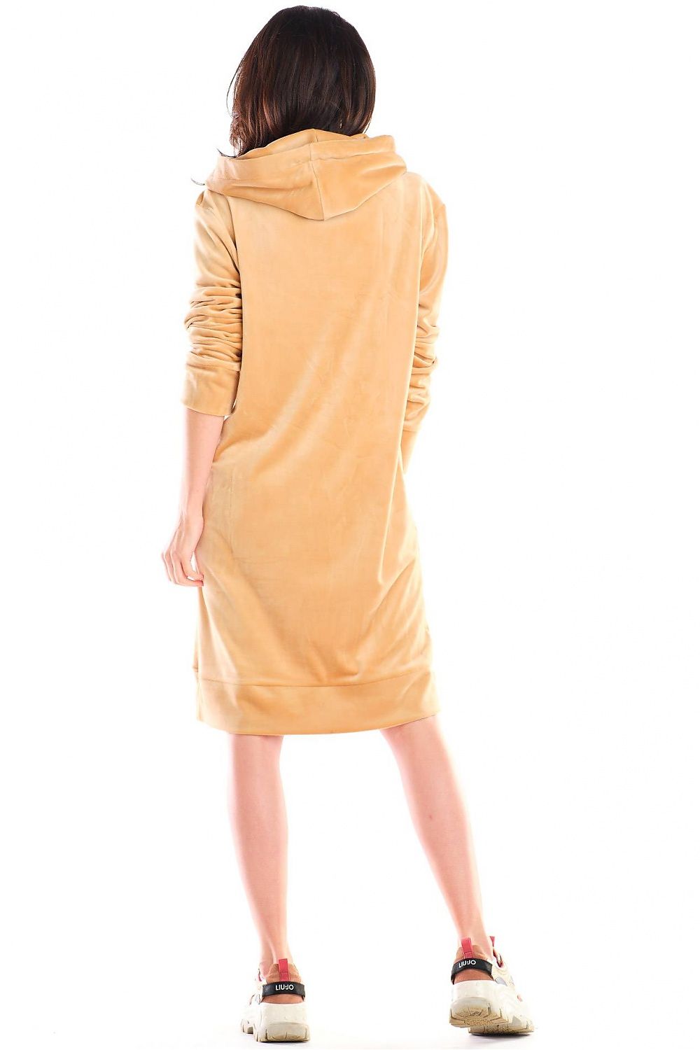 Back view of a luxury velour midi dress from awama, featuring a hood and a practical large pocket, highlighting comfort and elegance in a soft beige colour.