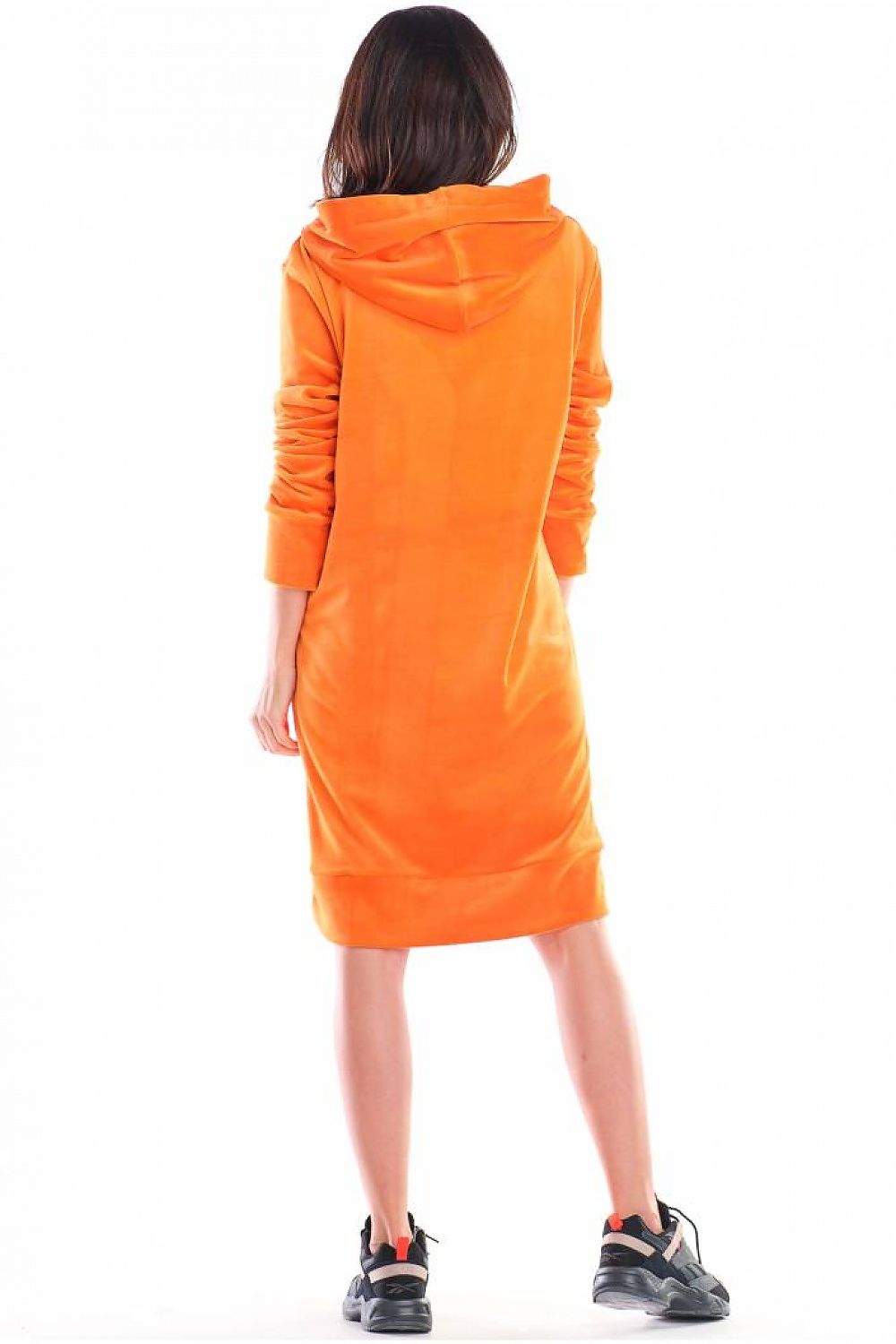 Elegant back view of the Awama velour midi dress in vibrant orange, designed for comfort and style with a sleek hood and modern silhouette.
