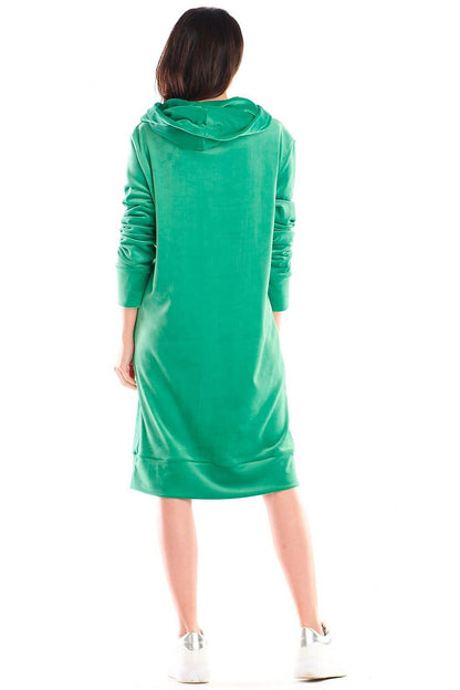 Rear view of a luxurious green velour midi dress by Awama, designed with a comfortable hood and contemporary silhouette.