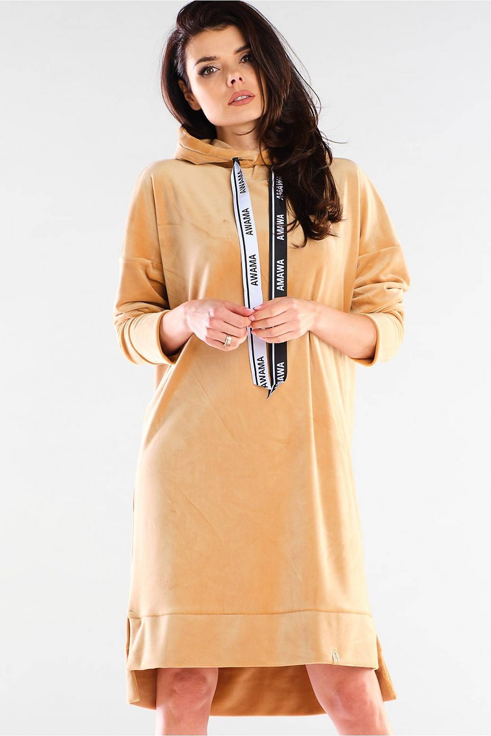 Luxury Daydress Awama in soft velour, featuring a stylish hoodie and branded tapes. Perfect for spring and sporty aesthetics, showcasing a chic silhouette and high-quality design.