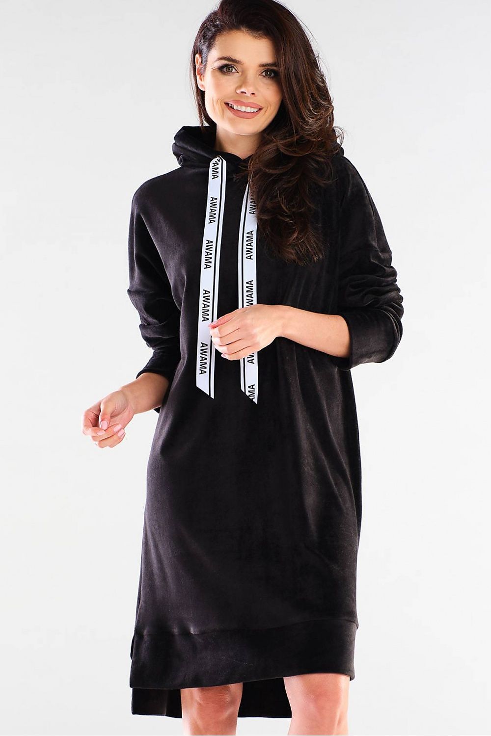 Elegant black velour daydress by Awama, featuring a sporty hood and stylish logo tapes, perfect for spring outings.
