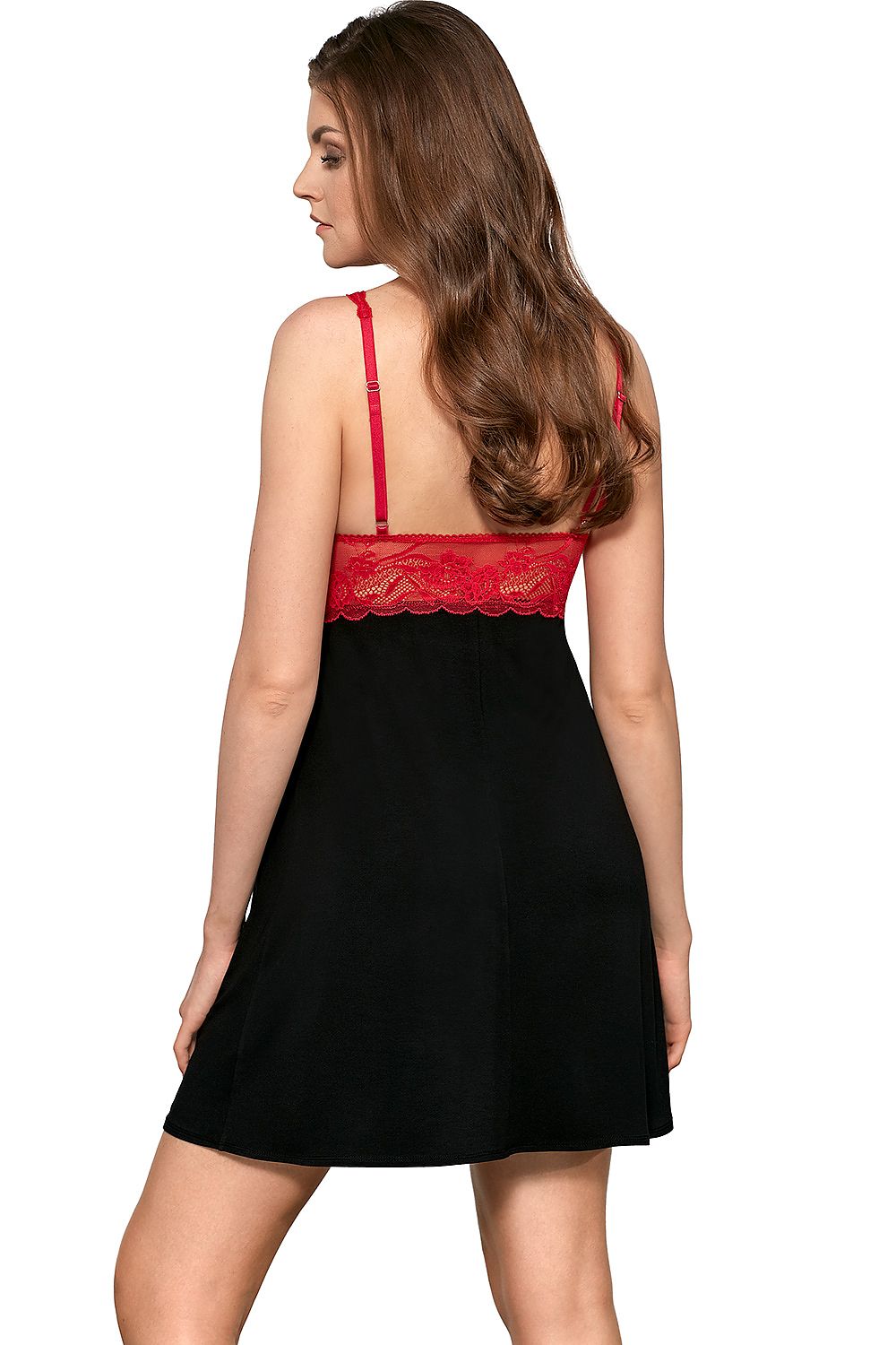 Elegant back view of the Babella sexy shirt, showcasing the intricate red lace detailing and the comfortable fit, ideal for a night of indulgence.