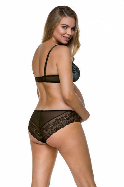 Luxurious back view of Lupo Line's elegant panties, featuring intricate lace detail, model gracefully presenting during pregnancy.