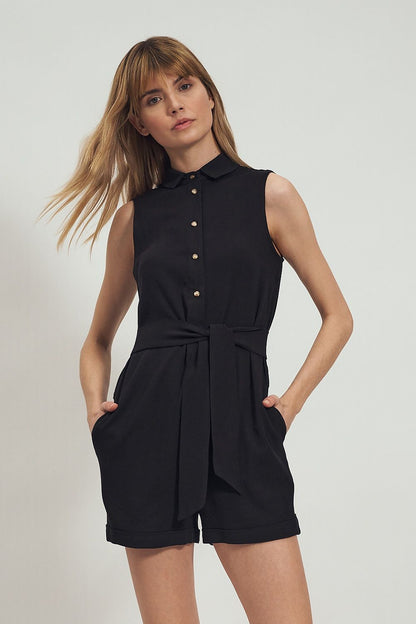 Sophisticated black Suit Nife jumpsuit with button accents and a stylish bow belt, perfect for evening events.