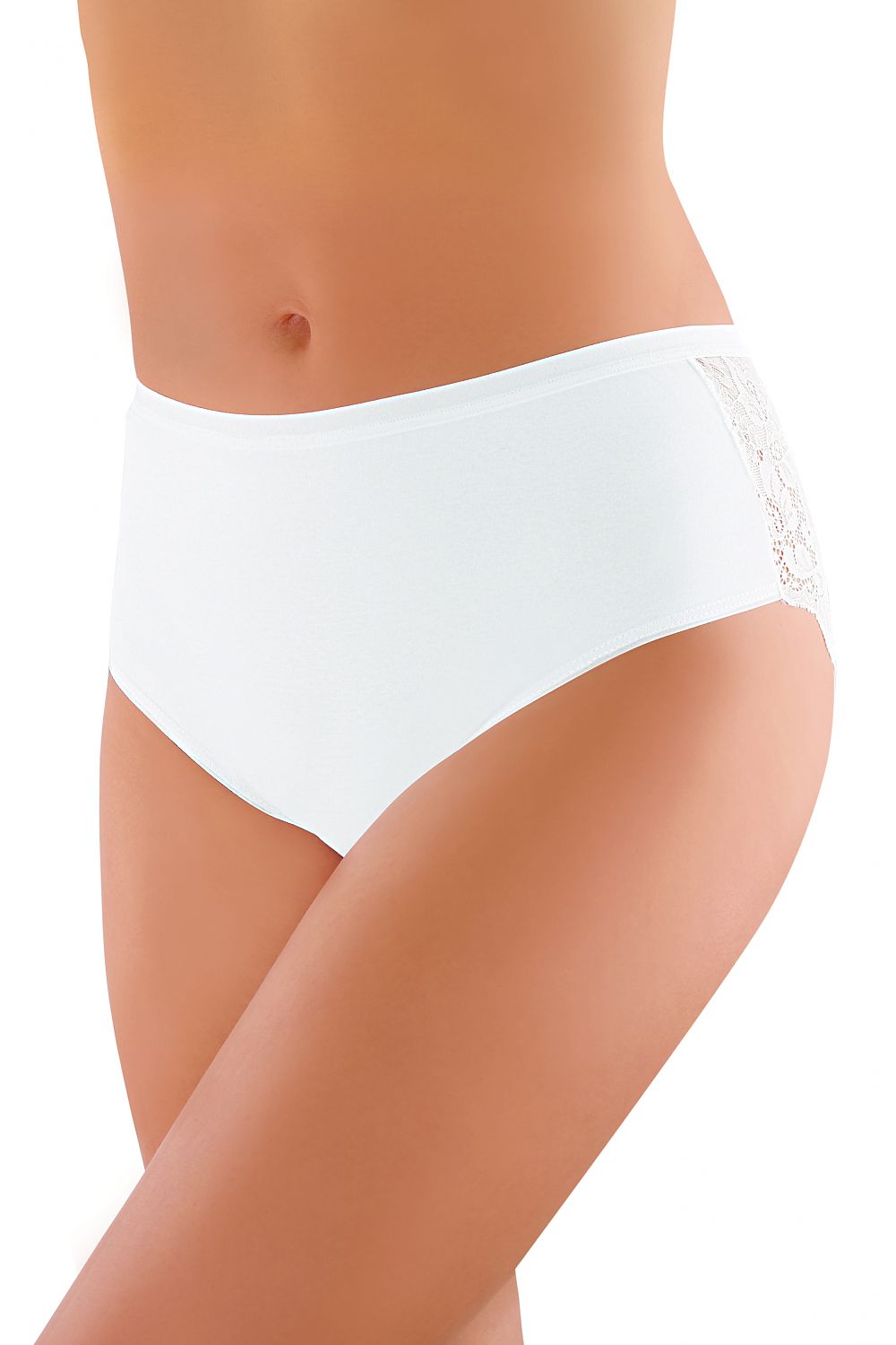 Elegant white panties from Babell, featuring a smooth front and delicate lace detail on the side, designed to enhance femininity in luxury underwear.