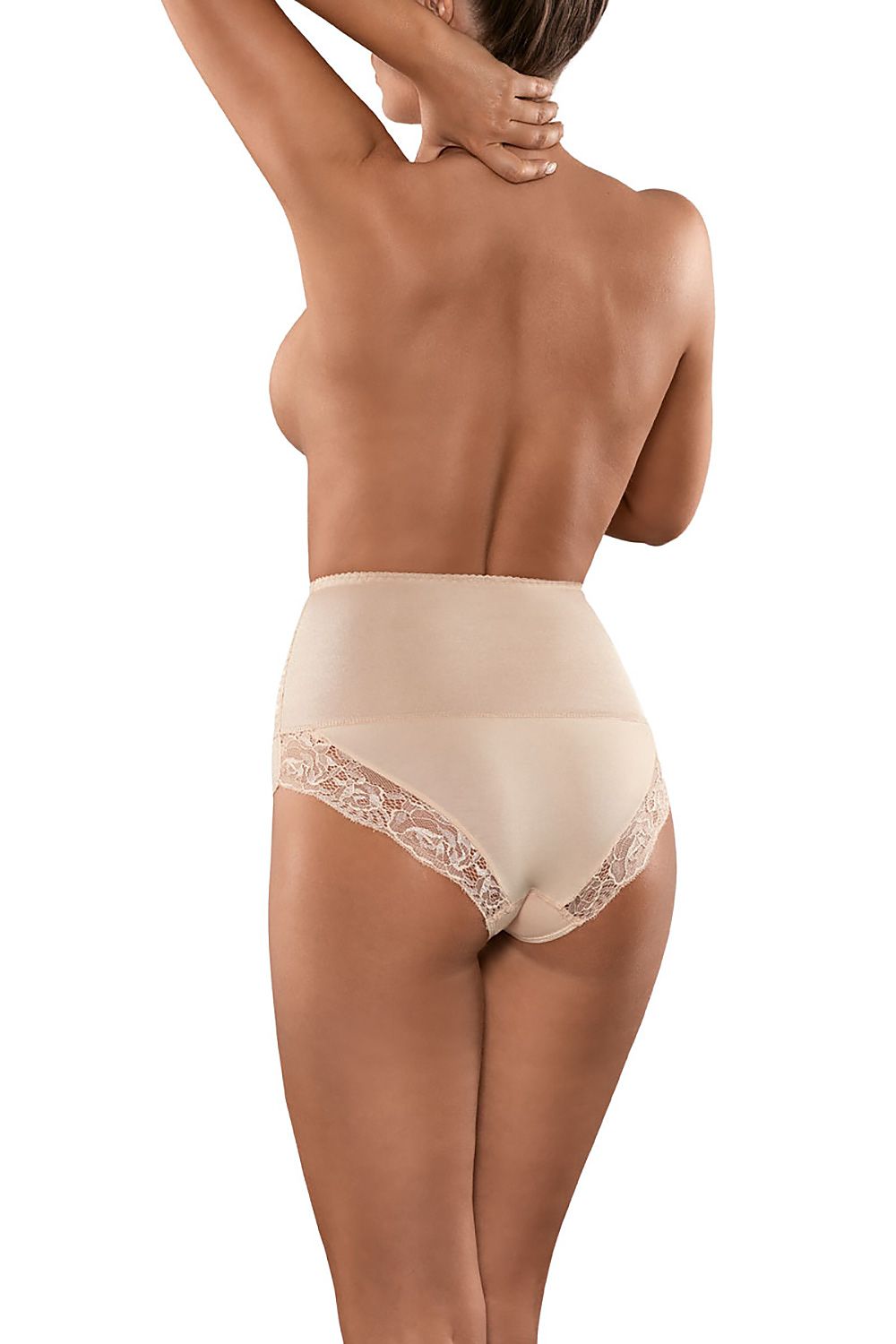 Chic nude shaping panties from Babell, designed with a higher waist and delicate lace trim for a sophisticated look and enhanced comfort.