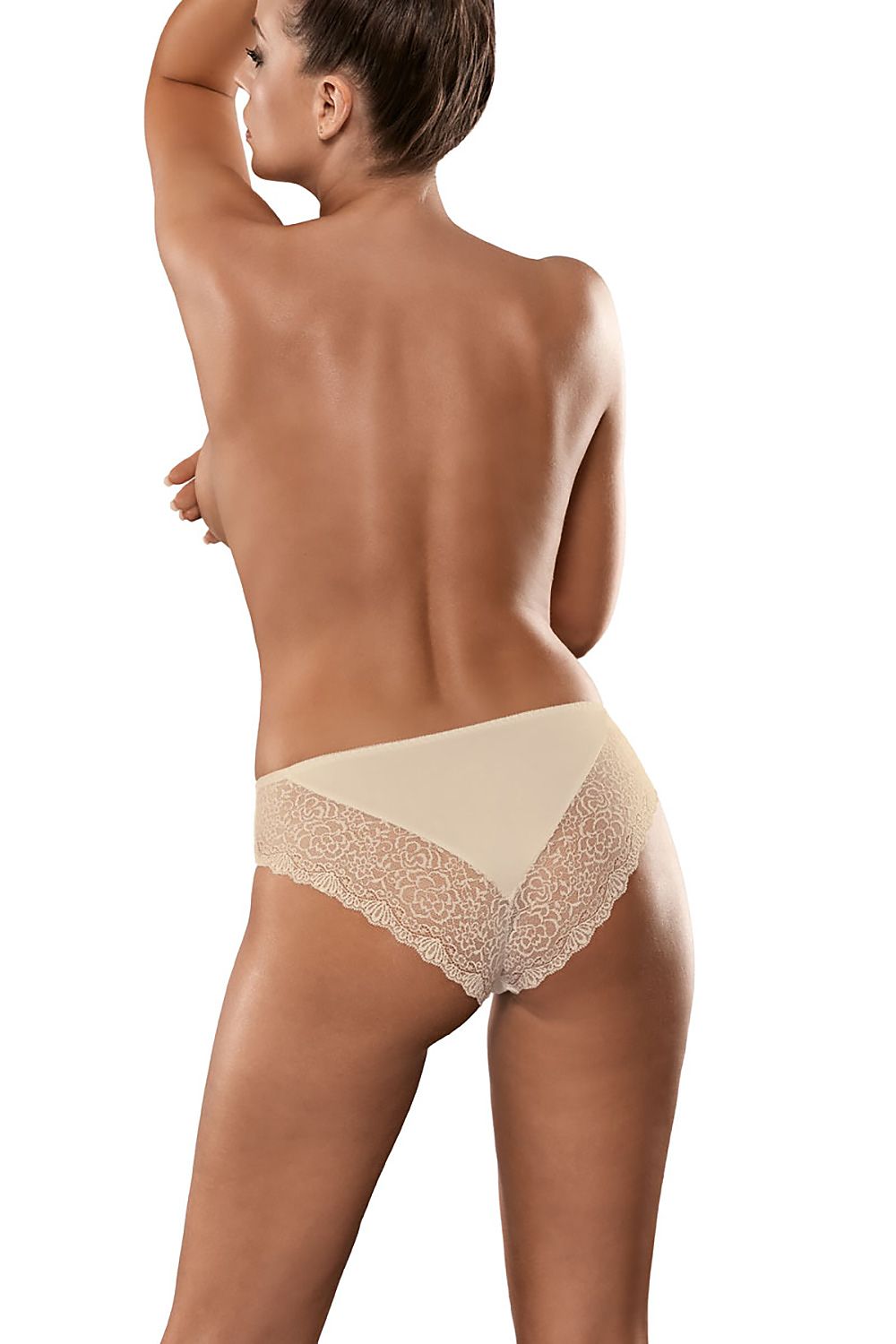 Back view of luxurious Babell Panties featuring delicate lace detailing, model poses gracefully to highlight the exquisite craftsmanship and alluring design.
