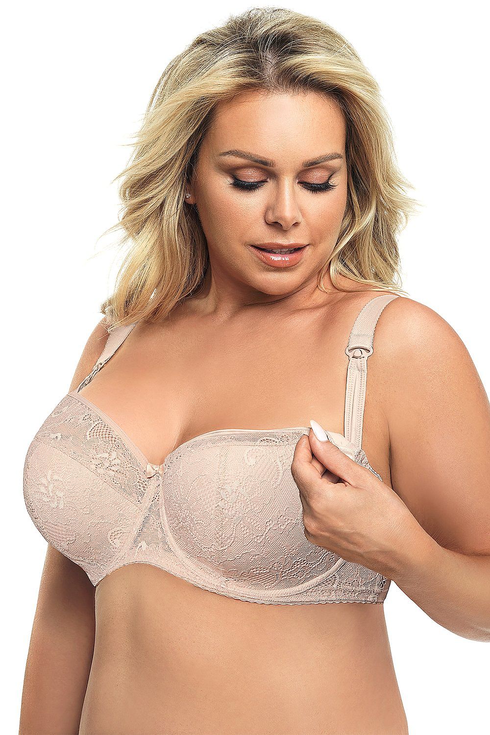 Luxurious Gorsenia Lingerie nursing bra featuring a semi-padded underwired design, adorned with delicate lace and floral motifs, perfect for modern mothers seeking elegance and comfort.